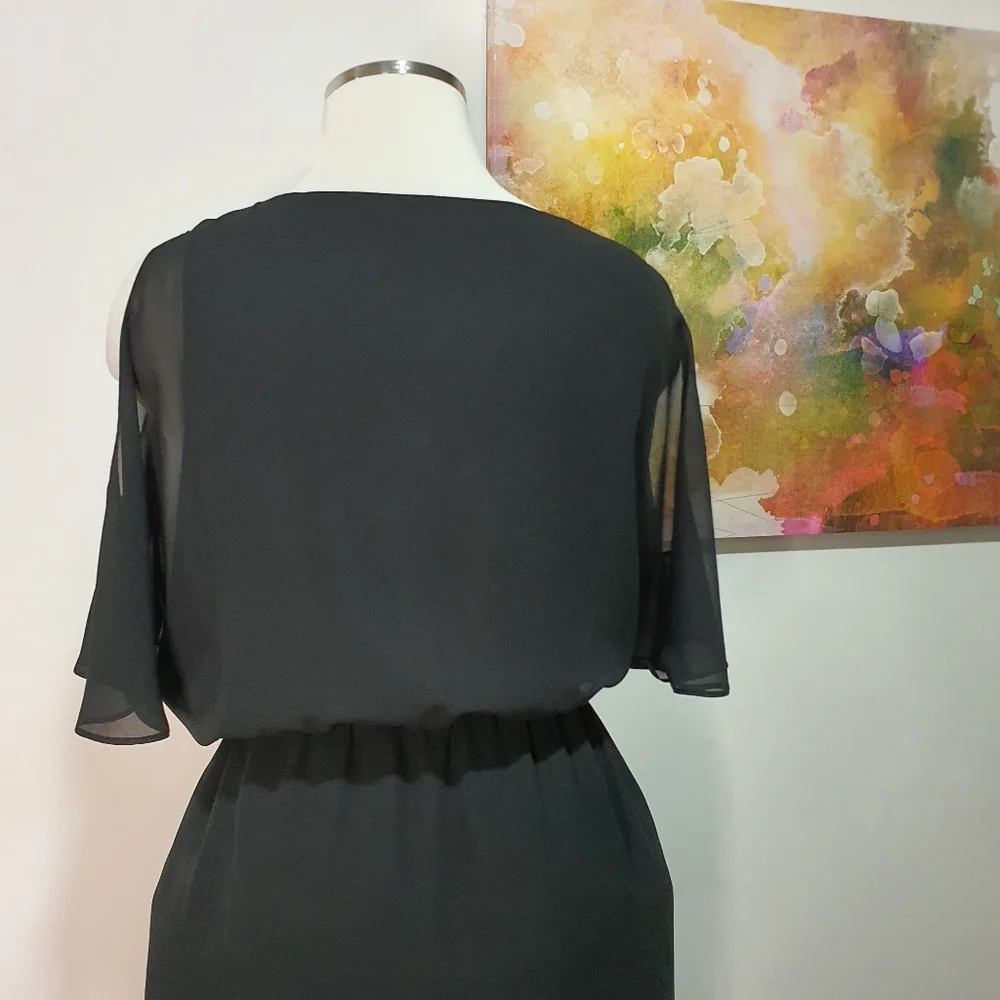 Portmans Size 14 Black Cold Shoulder V Neck Elasticated Waist Dress - Picture 7 of 11